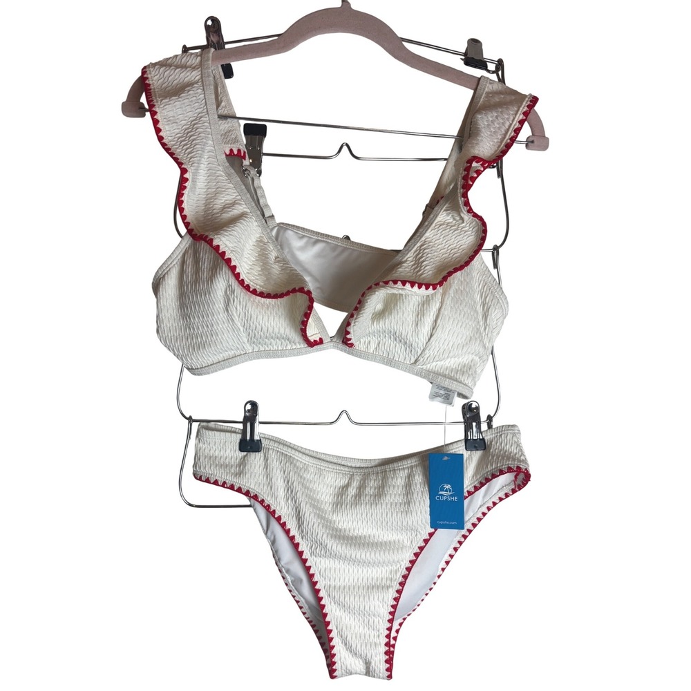 Cupshe Womens White Red Ruffle Whipstitch Textured Bikini Set Large New